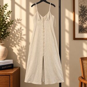Zara Maxi Dress Womens S Beige Linen Blend Button Front Braided Straps NWT